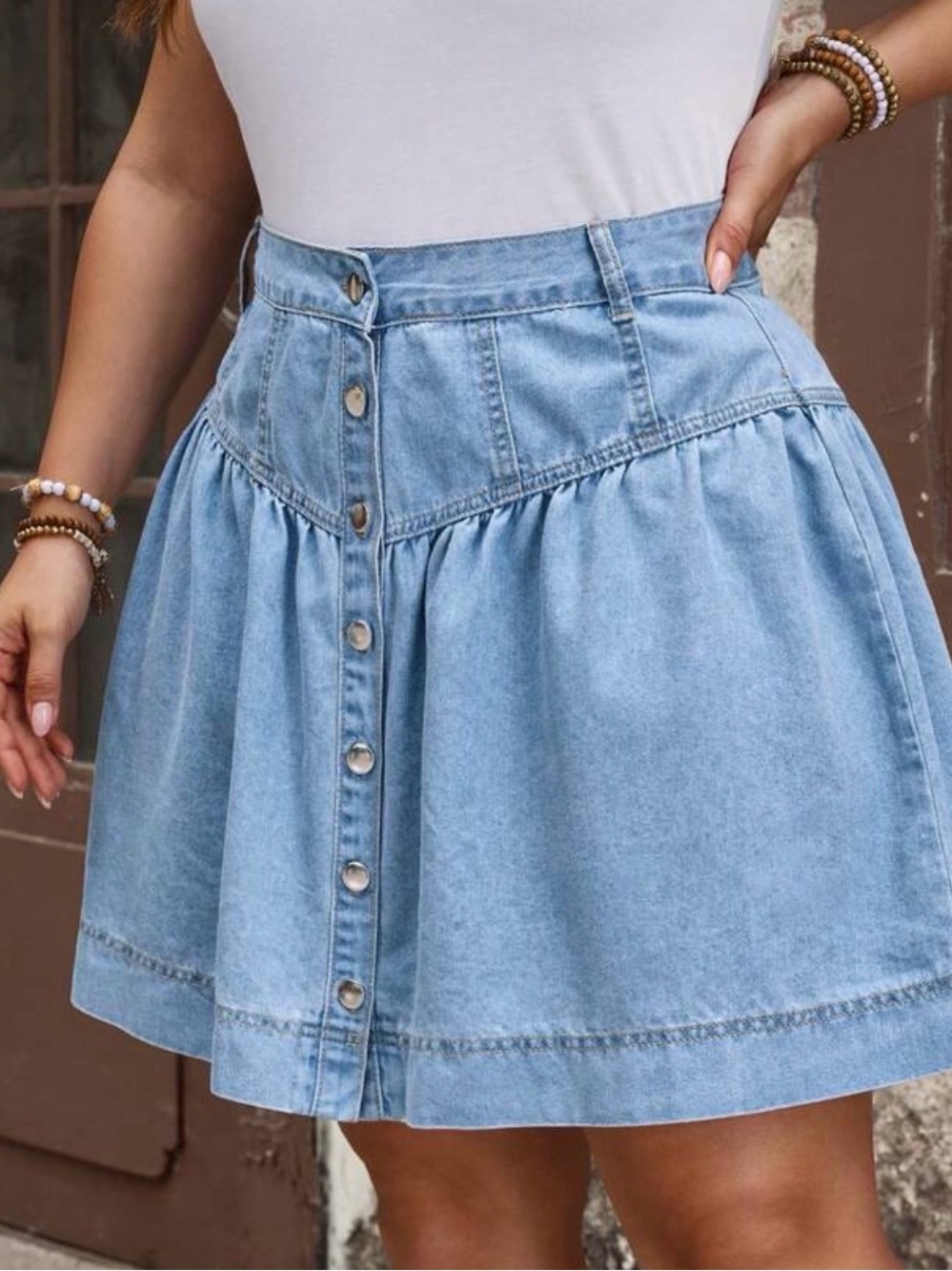 SHEIN Light Blue Denim Button-Front Skater Skirt